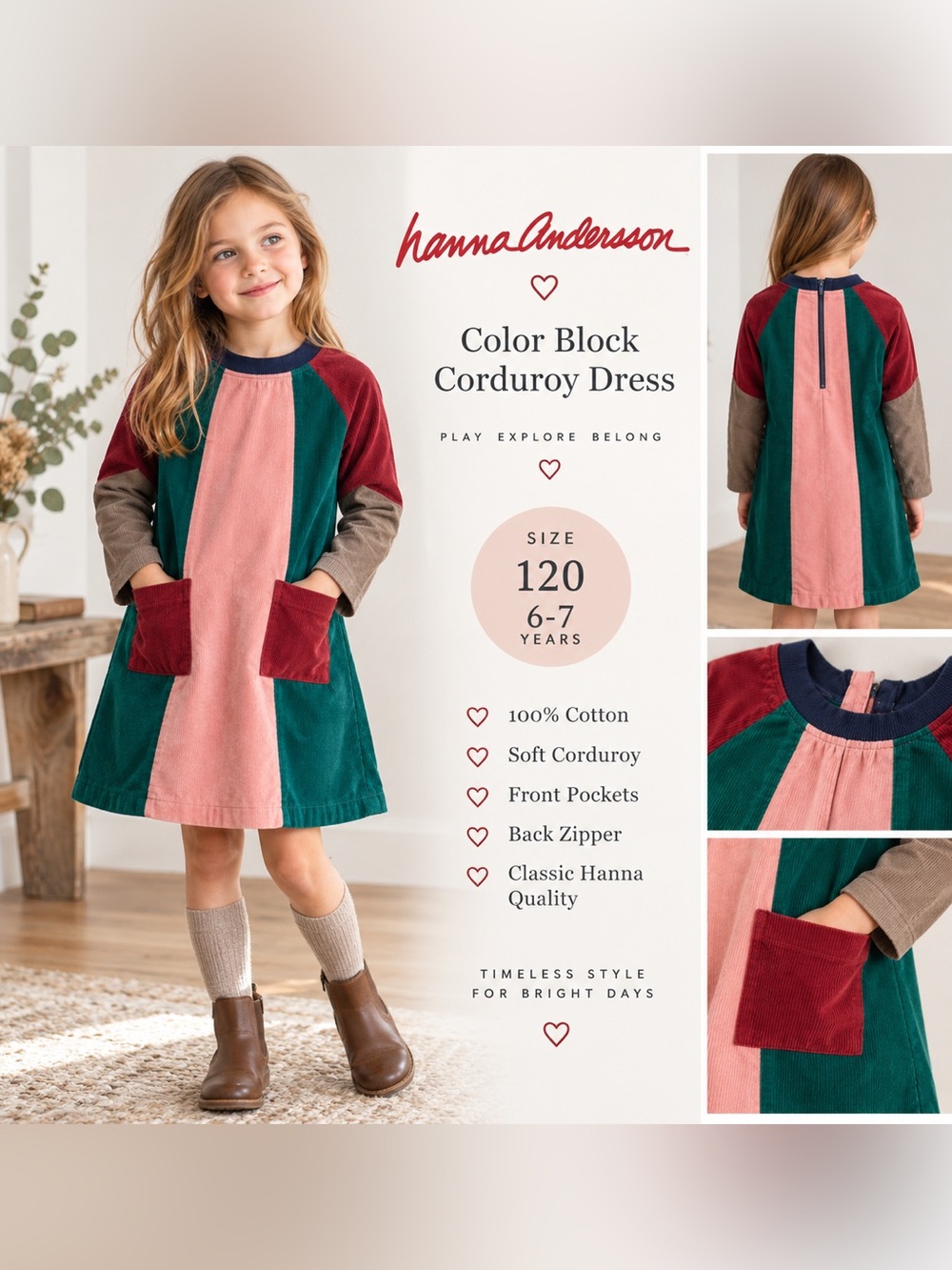 Hanna Andersson Color Block Corduroy Dress 120 6-7